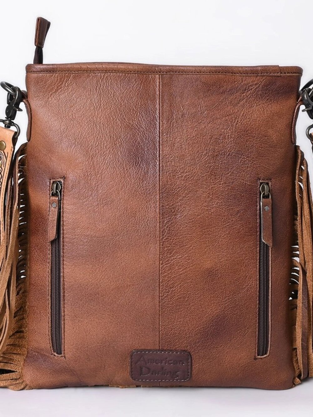 American Darling Hand-Tooled Leather Fringe Messenger Bag Cowhide Western Purse - Picture 6 of 7